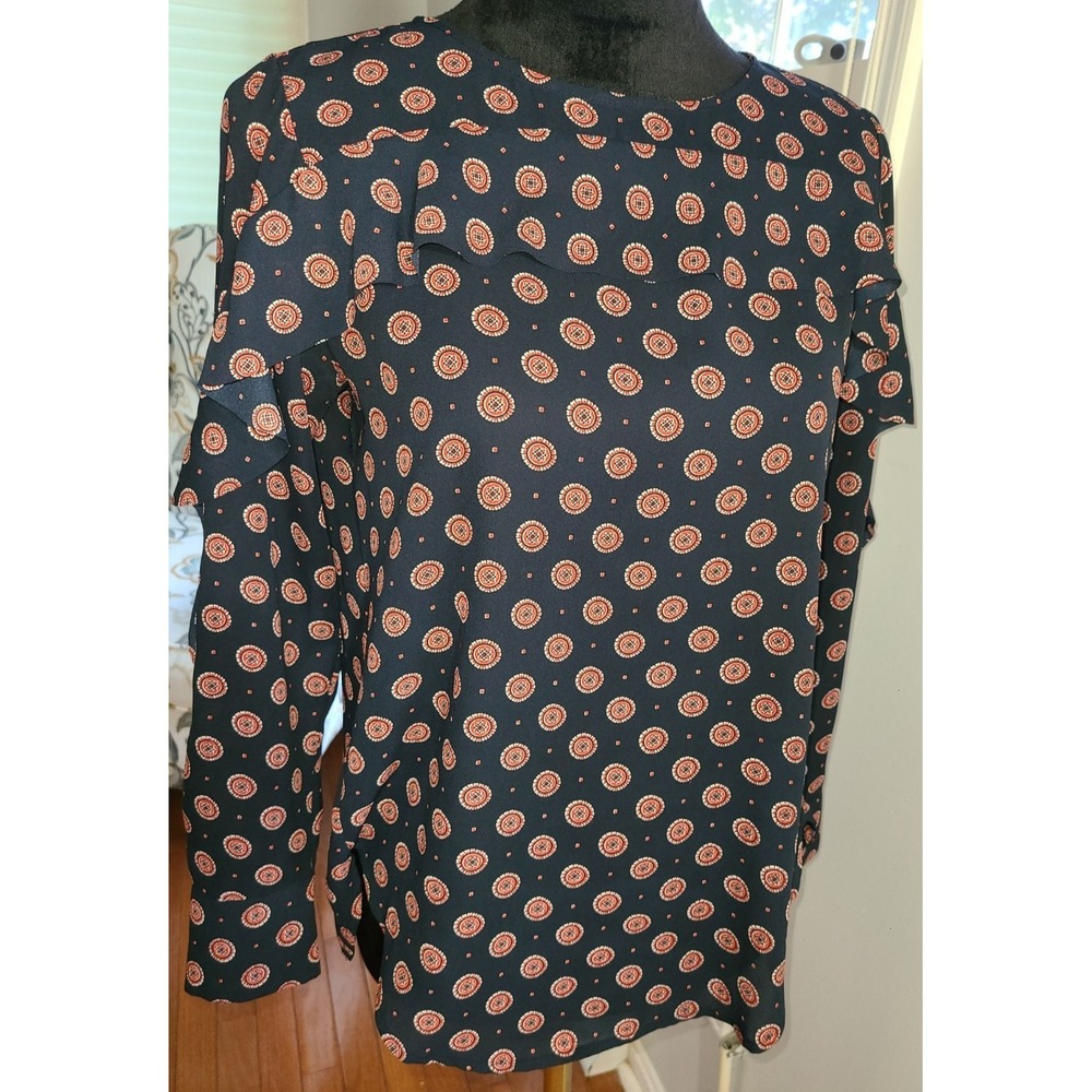 Banana Republic Printed Ruffle-Front & Sleeve Blouse, Navy Red, Polyester, Sz XS